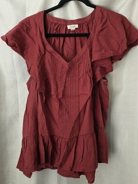 A.n.a Maroon Cotton Blouse (XL, Fits L) – Ruffle Sleeve, Boho Style
